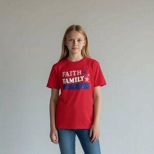 Way to‎ Celebrate Patriotic Women LG (12-14) Red Blue Faith Family Freedom Shirt